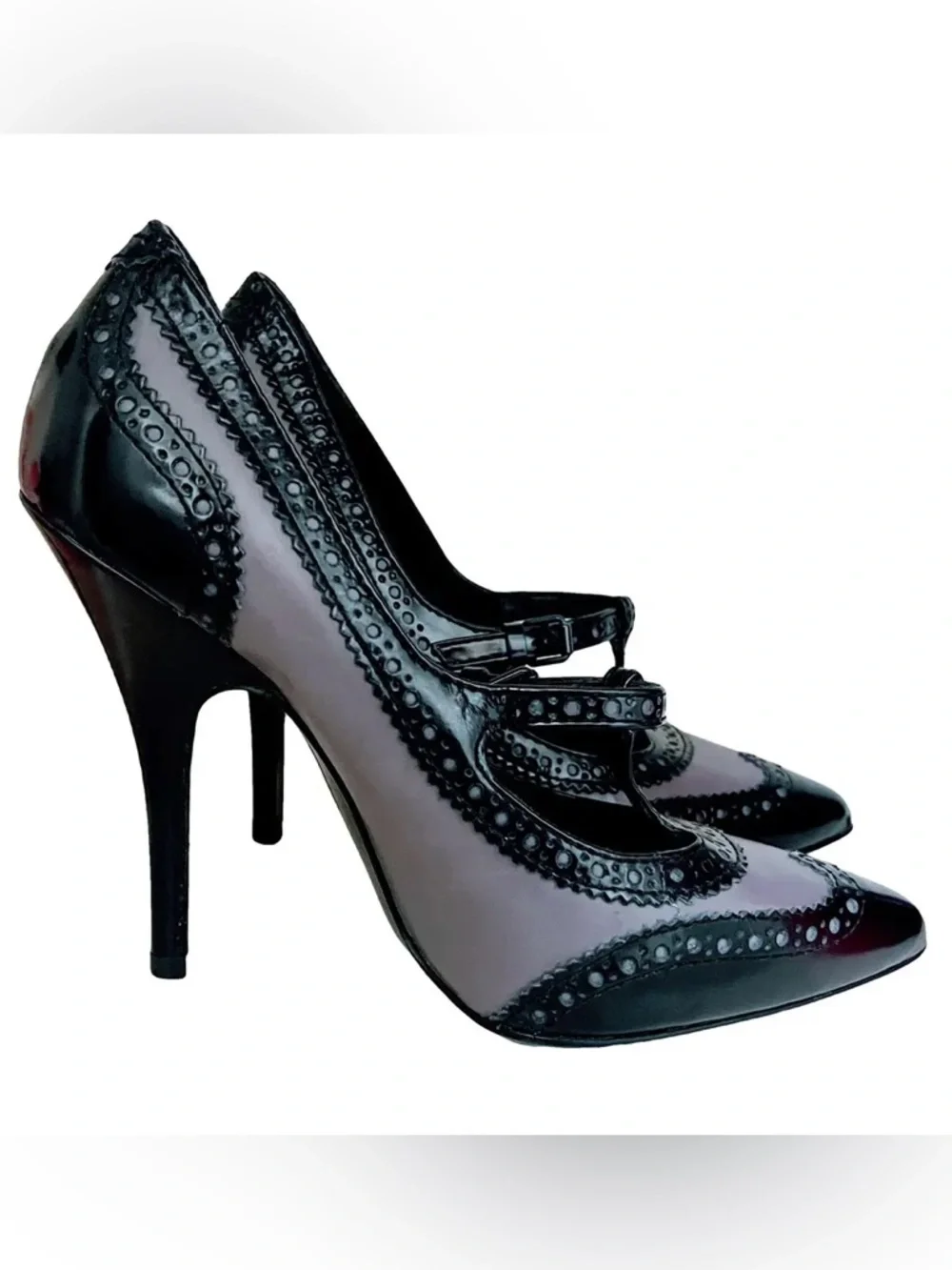 Tory Burch Black and Gray Pointed-Toe Mary Jane Heels - Picture 2 of 8